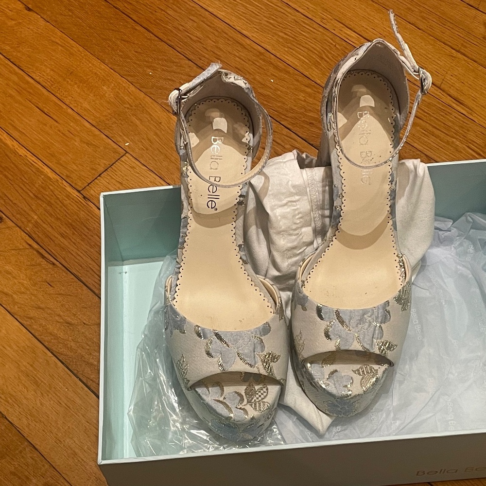 Bella Belle Catarina Blue & Silver Jacquard Platform Sandals, US Size 7